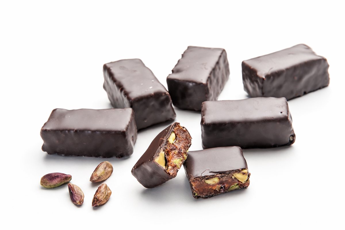 Çikolata Kaplı Antep Fıstıklı Dilim Cezerye:400gr.Chokladöverdragen skivad cezerye med Antep-pistagenötter